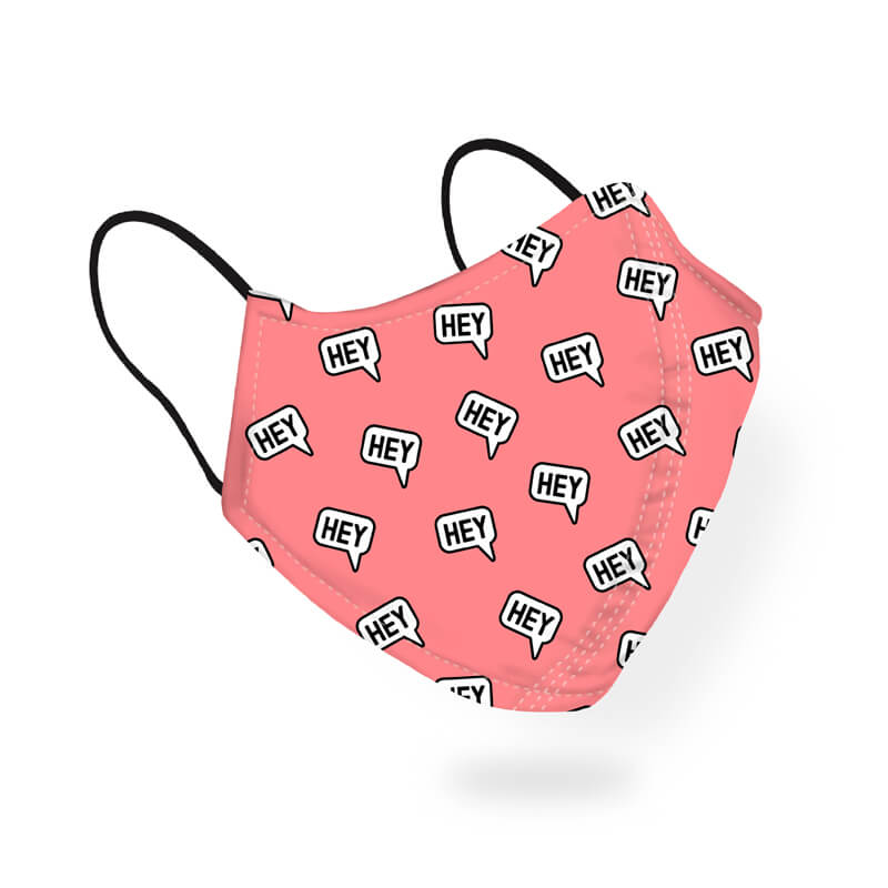 Cute Hey Text Bubble Quirky Pattern Peach Designer Printed Face Mask