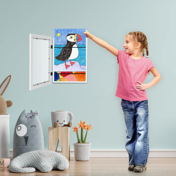 Kids Art Frame – Front-Opening & Replaceable | A4 Display & Storage Frame | For 2D/3D Artwork | Wall-Mounted White Frame