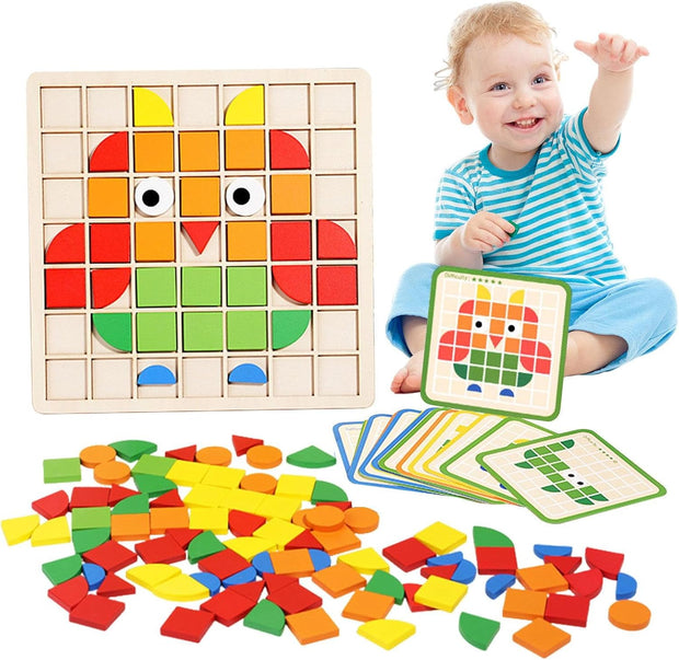 Wooden Mosaic Pattern Puzzle – 120 Colorful Shape Blocks for Kids