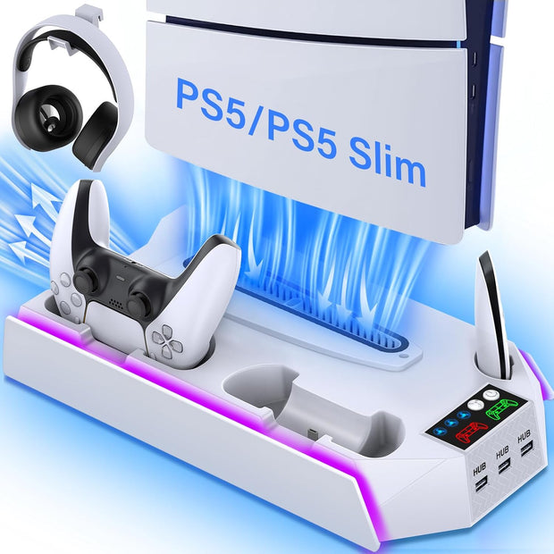 PS5 Stand and Cooling Station – Dual Controller Charger, Headset Holder & USB Hubs