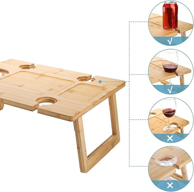 Portable Wine Picnic Table – Foldable Champagne & Snack Tray | Wooden Outdoor Table with Glass Holder | Perfect for Parks, Beaches, Camping, or Bed Use