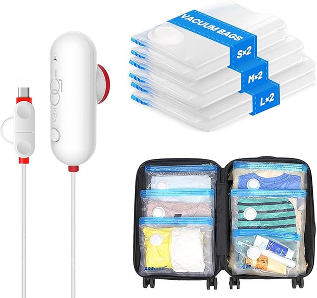Vacuum Storage Bag with USB Electric Pump,6 Pcs,For Clothing and Garment Travel,Clothing Compression Bag