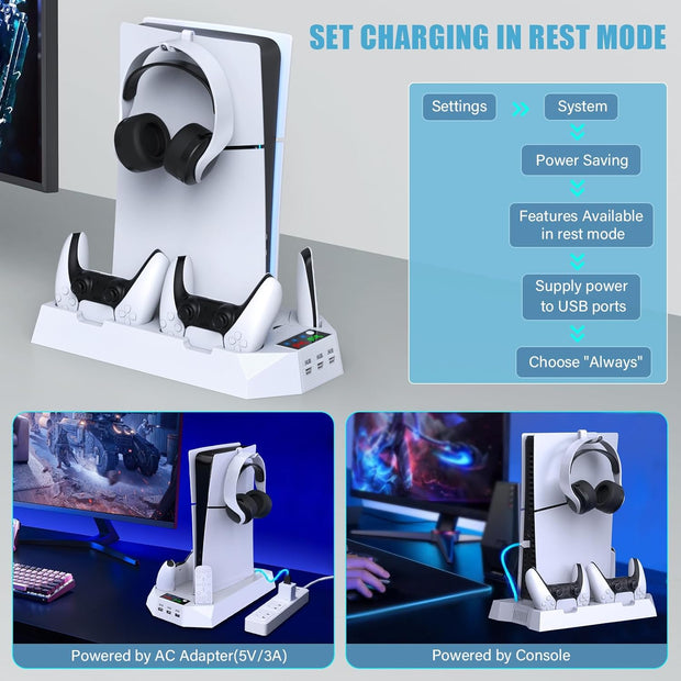 PS5 Stand and Cooling Station – Dual Controller Charger, Headset Holder & USB Hubs
