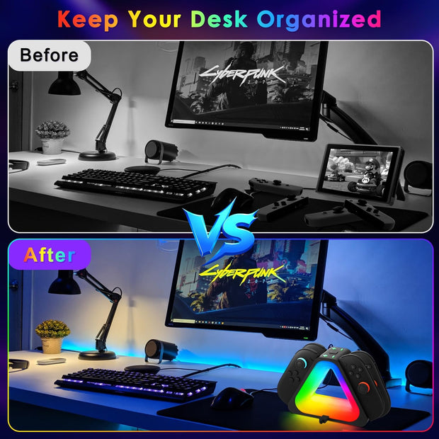 🎮 4-in-1 Game Controller Charging Dock – USB-C Charger Station with 7 RGB Lighting Modes