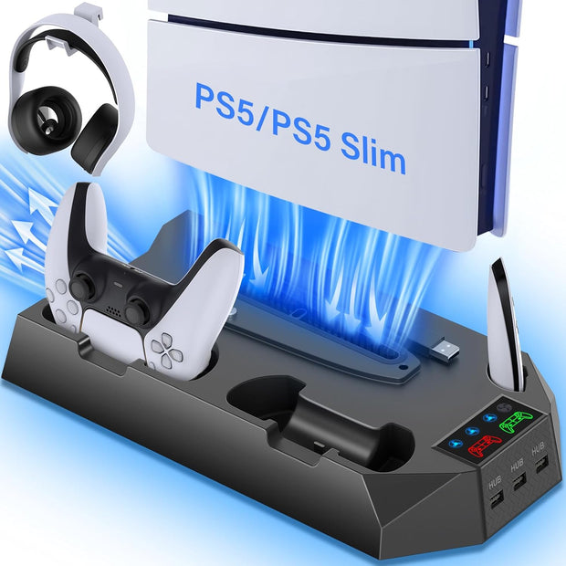PS5 Stand and Cooling Station – Dual Controller Charger, Headset Holder & USB Hubs
