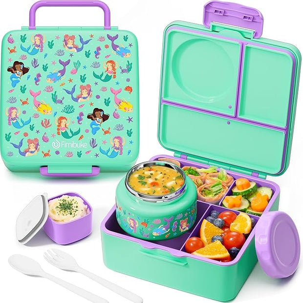 Children and Adult Lunch Box with Insulated Bottle – 3-4 Compartments 60oz Lunch Container with Leak-Proof 8oz Insulated Food Jar and Sauce Cup | BPA-Free, Dishwasher Safe
