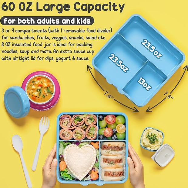 Children and Adult Lunch Box with Insulated Bottle – 3-4 Compartments 60oz Lunch Container with Leak-Proof 8oz Insulated Food Jar and Sauce Cup | BPA-Free, Dishwasher Safe