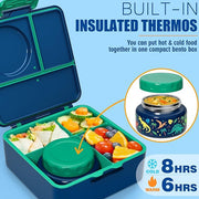 Children and Adult Lunch Box with Insulated Bottle – 3-4 Compartments 60oz Lunch Container with Leak-Proof 8oz Insulated Food Jar and Sauce Cup | BPA-Free, Dishwasher Safe
