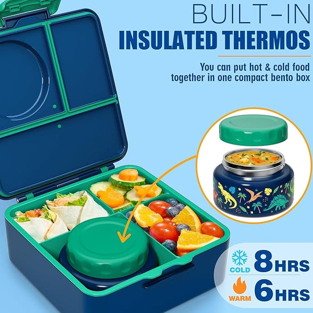Children and Adult Lunch Box with Insulated Bottle – 3-4 Compartments 60oz Lunch Container with Leak-Proof 8oz Insulated Food Jar and Sauce Cup | BPA-Free, Dishwasher Safe