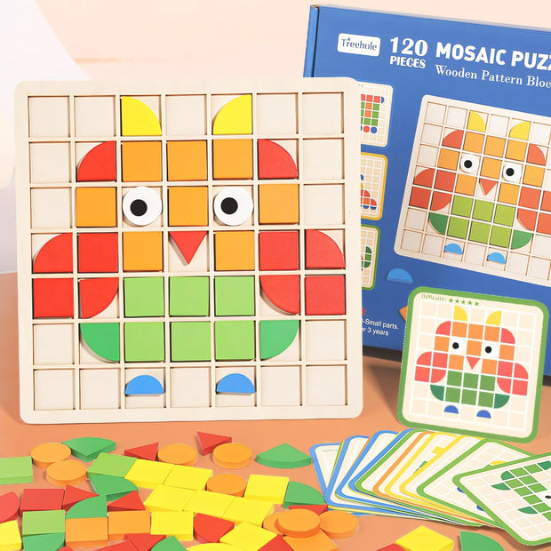 Wooden Mosaic Pattern Puzzle – 120 Colorful Shape Blocks for Kids