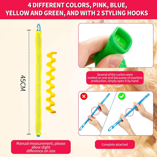 28Pcs Hair Curlers – No Heat Spiral Rollers with 2 Styling Hooks