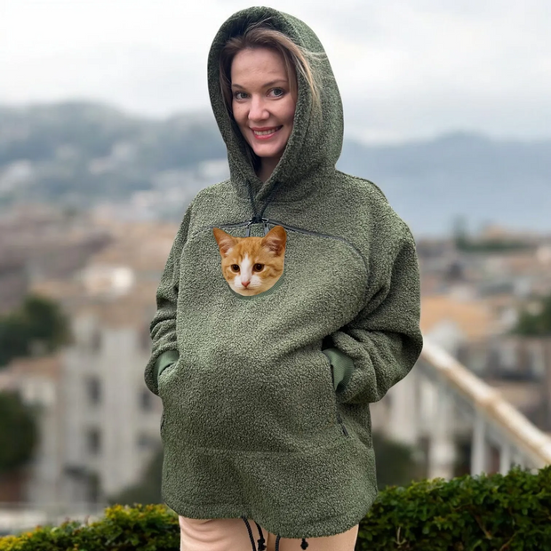 Khaki Hoodie with Pet Carrier Pocket – Cozy Style with Functional Design