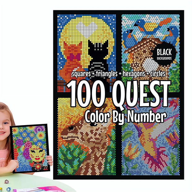 100 QUEST Number Coloring Book Set – Squares + Triangles + Hexagons + Circles (Black Background)