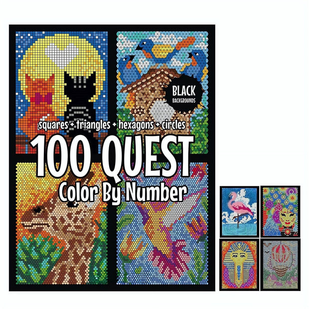 100 QUEST Number Coloring Book Set – Squares + Triangles + Hexagons + Circles (Black Background)